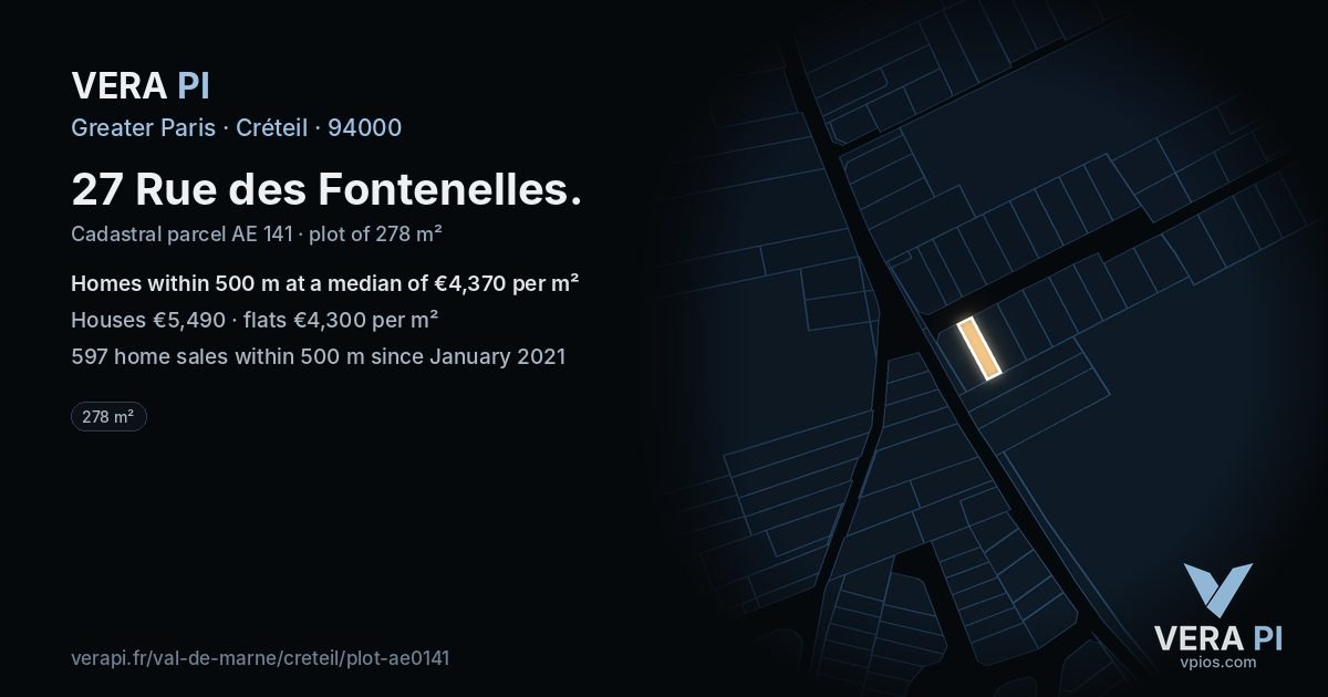 27 Rue des Fontenelles, Créteil at night – the plot lit, the parcels around coloured by the prices near them
