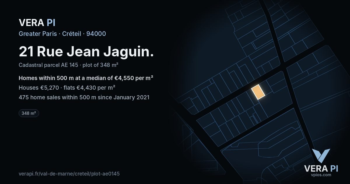 21 Rue Jean Jaguin, Créteil at night – the plot lit, the parcels around coloured by the prices near them