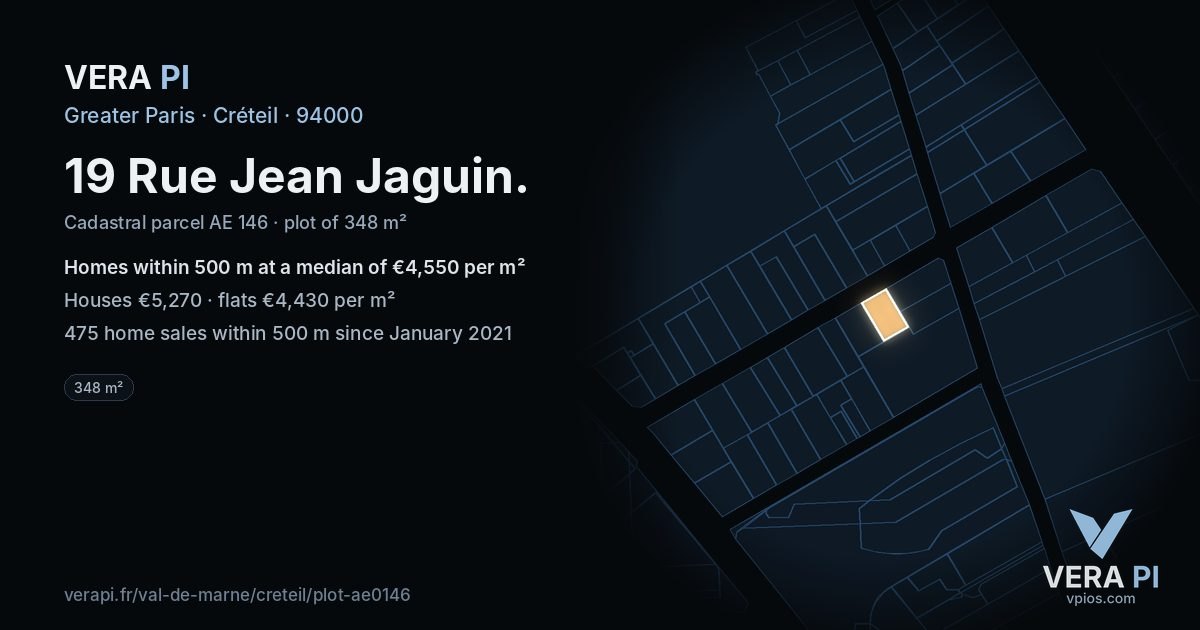 19 Rue Jean Jaguin, Créteil at night – the plot lit, the parcels around coloured by the prices near them