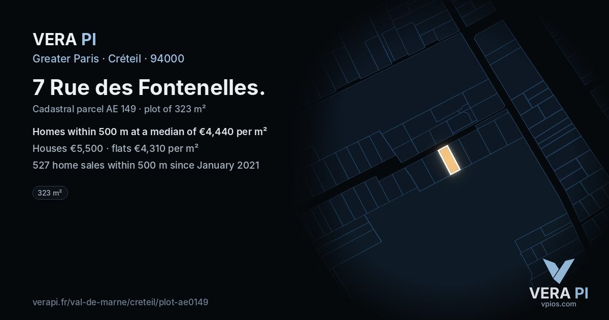 7 Rue des Fontenelles, Créteil at night – the plot lit, the parcels around coloured by the prices near them