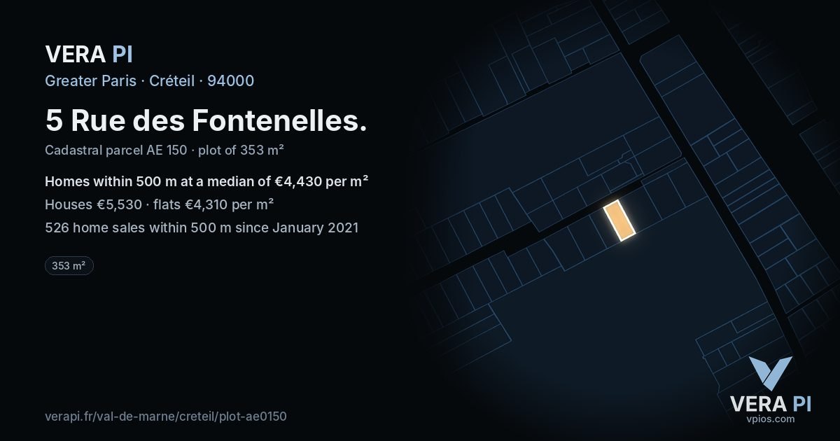 5 Rue des Fontenelles, Créteil at night – the plot lit, the parcels around coloured by the prices near them