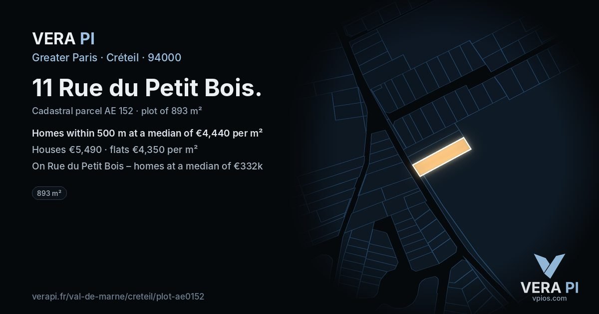 11 Rue du Petit Bois, Créteil at night – the plot lit, the parcels around coloured by the prices near them