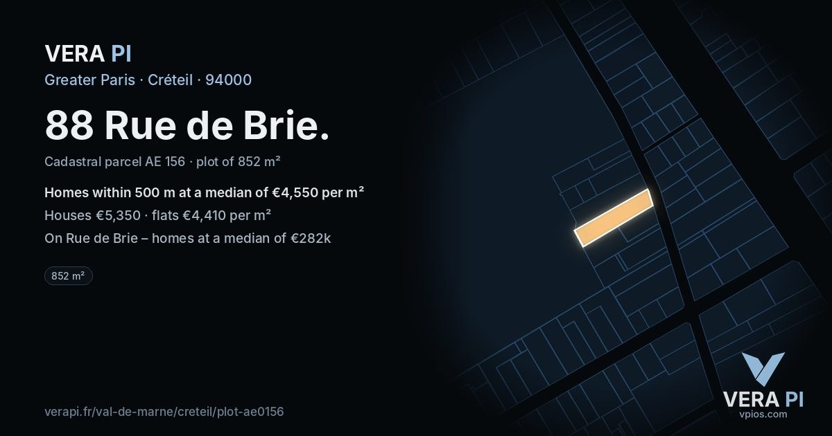 88 Rue de Brie, Créteil at night – the plot lit, the parcels around coloured by the prices near them