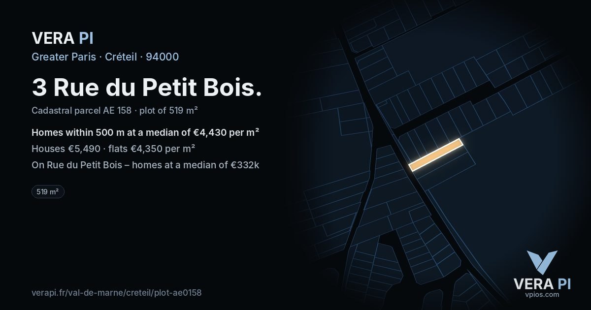3 Rue du Petit Bois, Créteil at night – the plot lit, the parcels around coloured by the prices near them