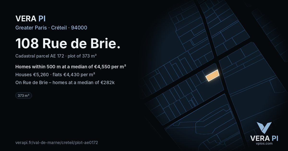 108 Rue de Brie, Créteil at night – the plot lit, the parcels around coloured by the prices near them