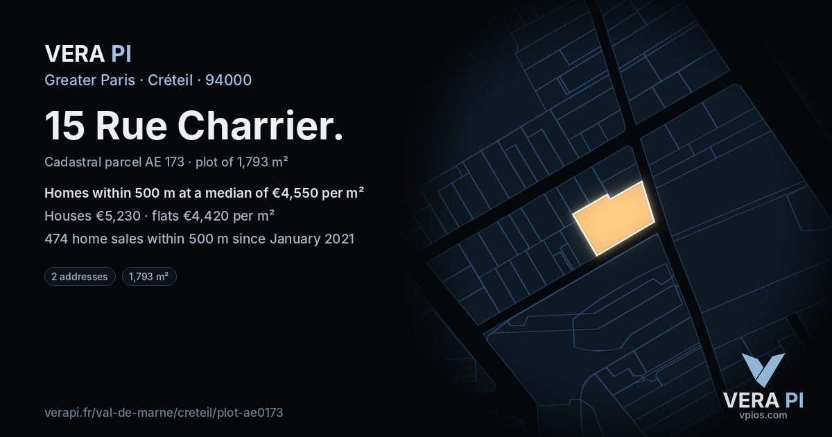 15 Rue Charrier, Créteil at night – the plot lit, the parcels around coloured by the prices near them