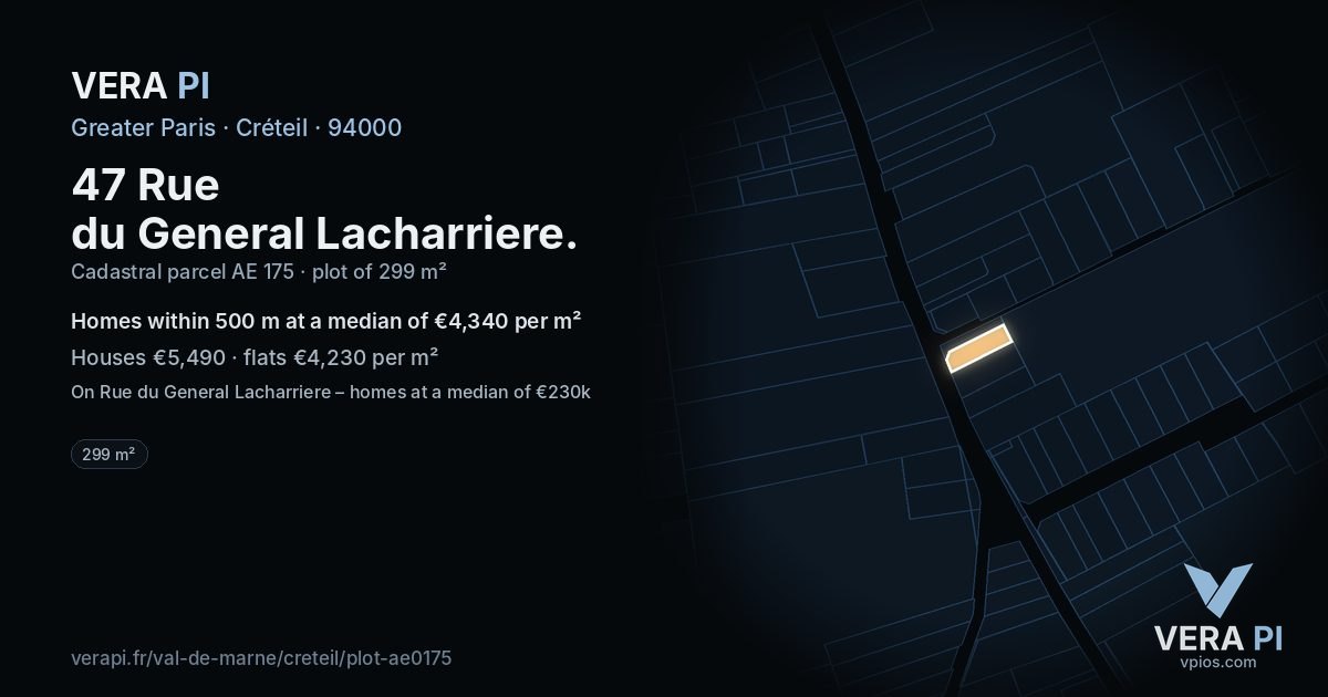 47 Rue du General Lacharriere, Créteil at night – the plot lit, the parcels around coloured by the prices near them