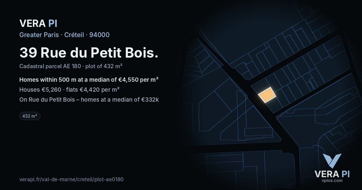 39 Rue du Petit Bois, Créteil at night – the plot lit, the parcels around coloured by the prices near them