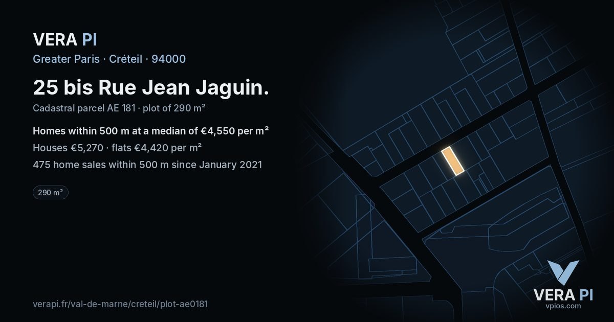 25 bis Rue Jean Jaguin, Créteil at night – the plot lit, the parcels around coloured by the prices near them