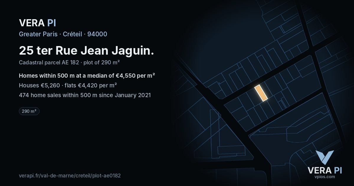 25 ter Rue Jean Jaguin, Créteil at night – the plot lit, the parcels around coloured by the prices near them