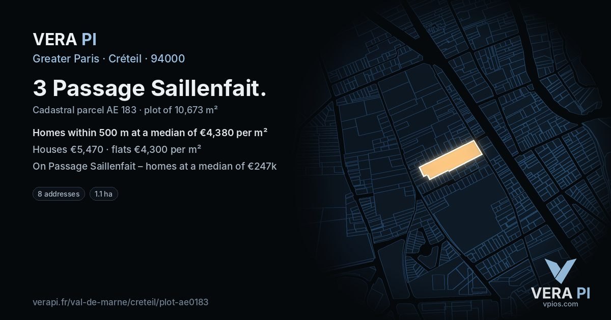 3 Passage Saillenfait, Créteil at night – the plot lit, the parcels around coloured by the prices near them
