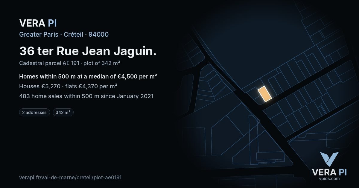 36 ter Rue Jean Jaguin, Créteil at night – the plot lit, the parcels around coloured by the prices near them