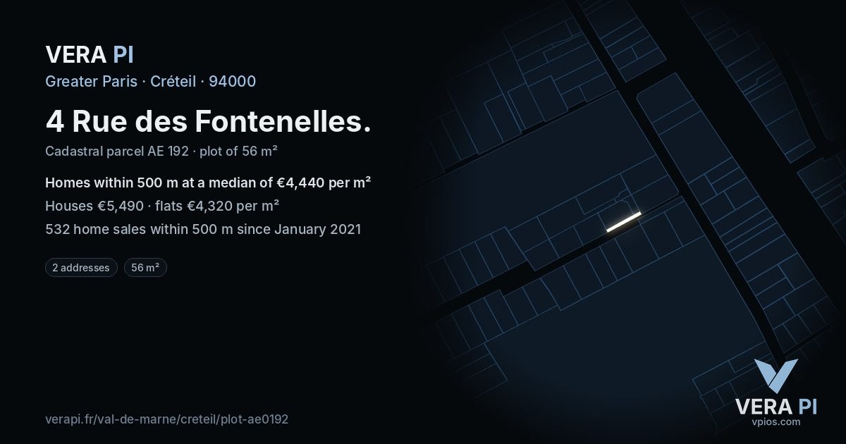 4 Rue des Fontenelles, Créteil at night – the plot lit, the parcels around coloured by the prices near them