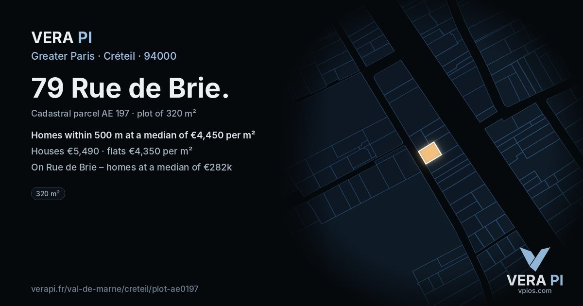 79 Rue de Brie, Créteil at night – the plot lit, the parcels around coloured by the prices near them