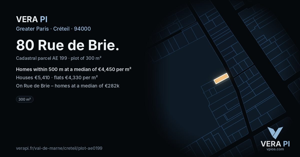 80 Rue de Brie, Créteil at night – the plot lit, the parcels around coloured by the prices near them