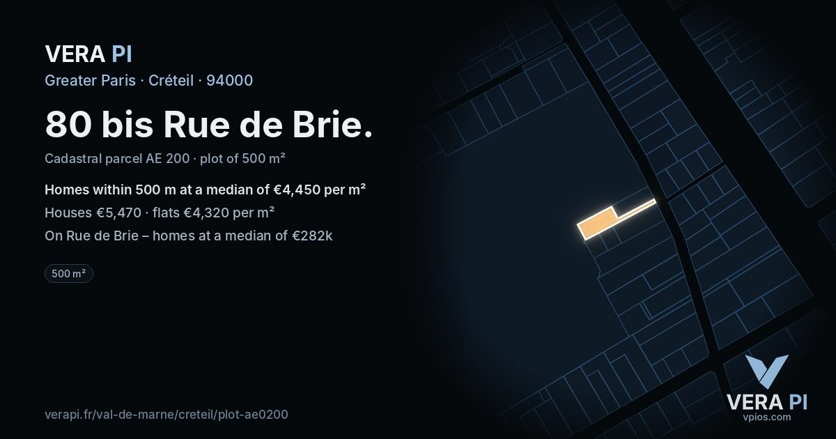 80 bis Rue de Brie, Créteil at night – the plot lit, the parcels around coloured by the prices near them