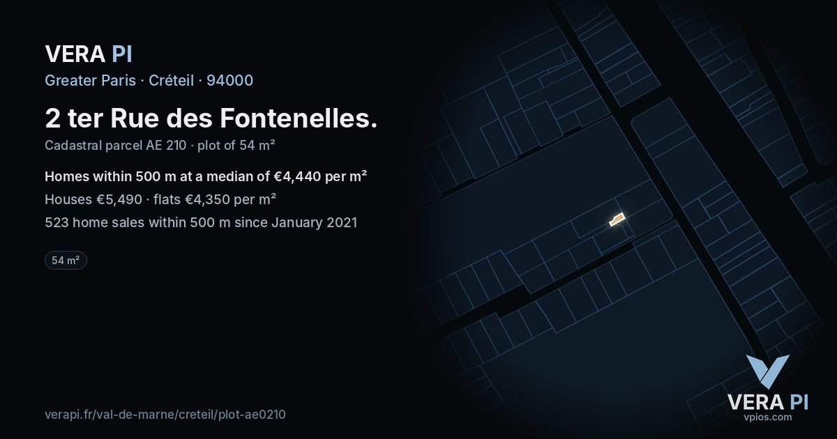 2 ter Rue des Fontenelles, Créteil at night – the plot lit, the parcels around coloured by the prices near them