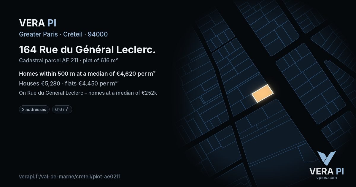 164 Rue du Général Leclerc, Créteil at night – the plot lit, the parcels around coloured by the prices near them