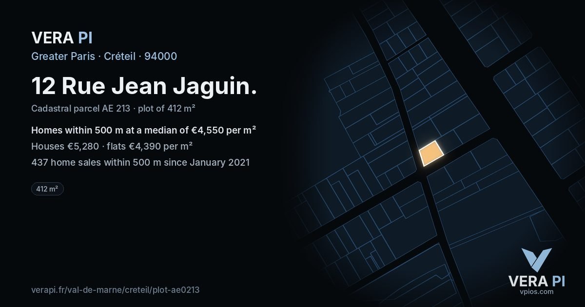 12 Rue Jean Jaguin, Créteil at night – the plot lit, the parcels around coloured by the prices near them