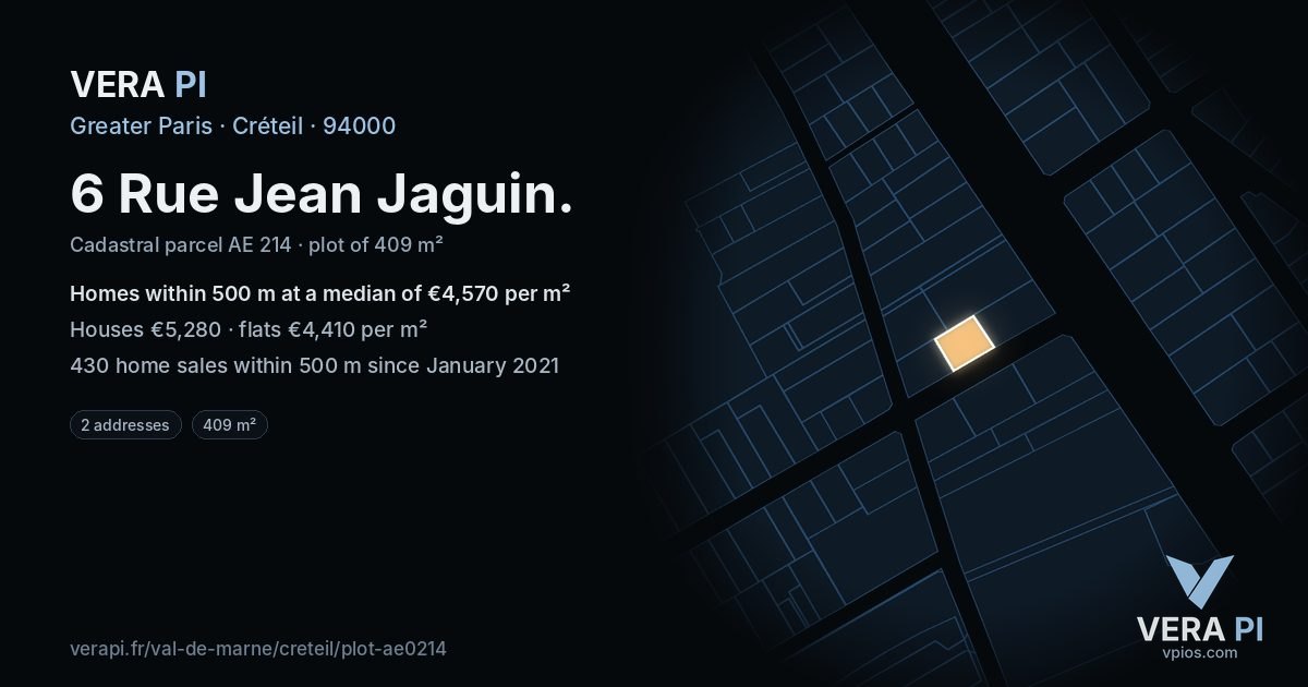 6 Rue Jean Jaguin, Créteil at night – the plot lit, the parcels around coloured by the prices near them