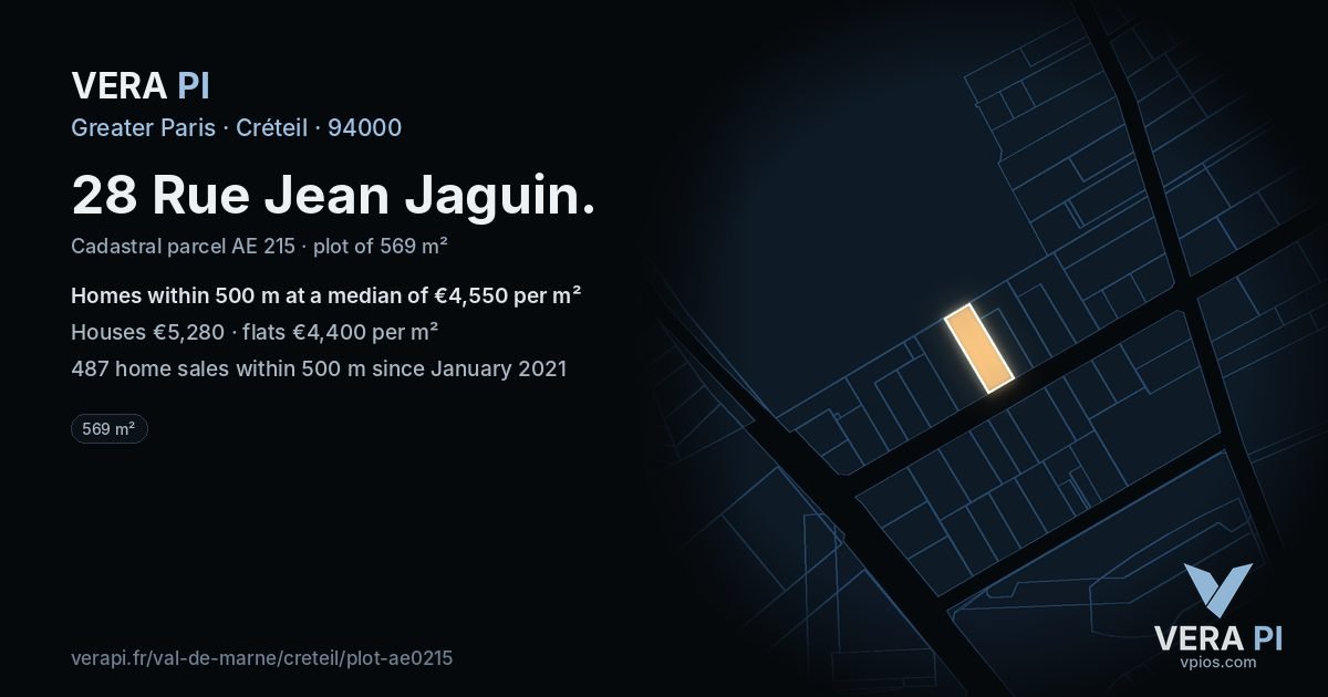 28 Rue Jean Jaguin, Créteil at night – the plot lit, the parcels around coloured by the prices near them