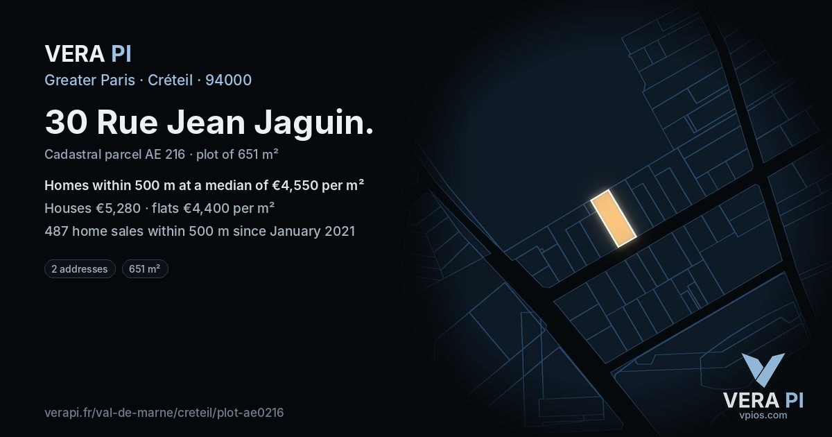 30 Rue Jean Jaguin, Créteil at night – the plot lit, the parcels around coloured by the prices near them