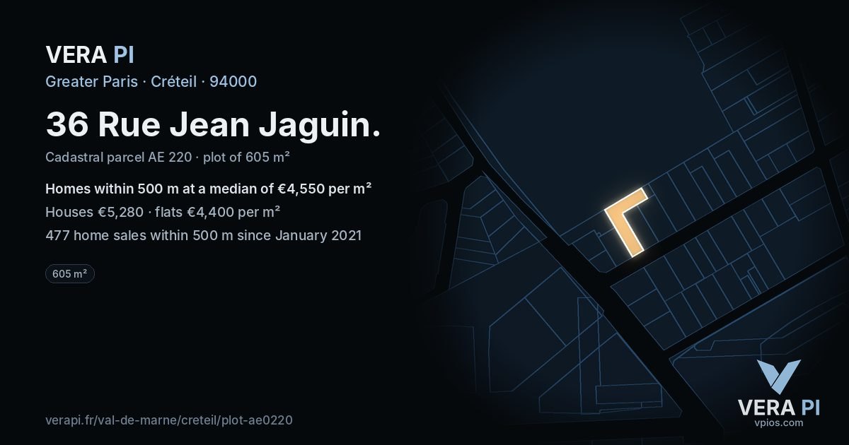 36 Rue Jean Jaguin, Créteil at night – the plot lit, the parcels around coloured by the prices near them