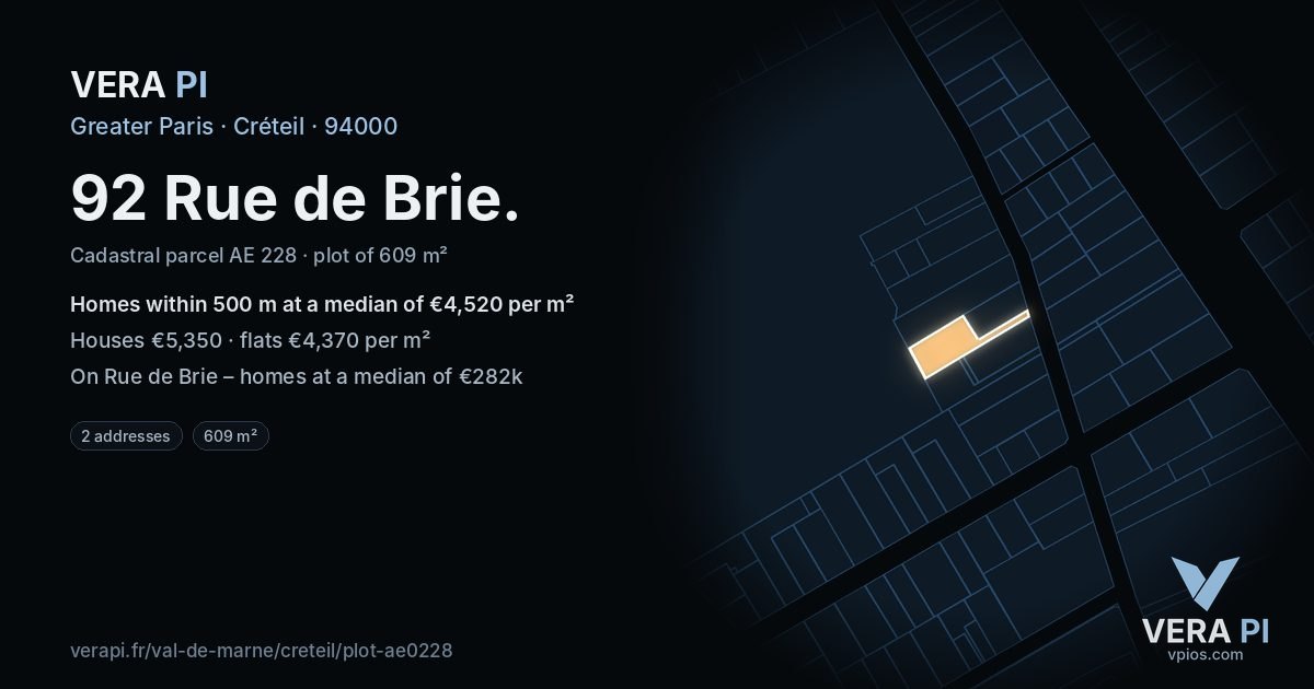 92 Rue de Brie, Créteil at night – the plot lit, the parcels around coloured by the prices near them
