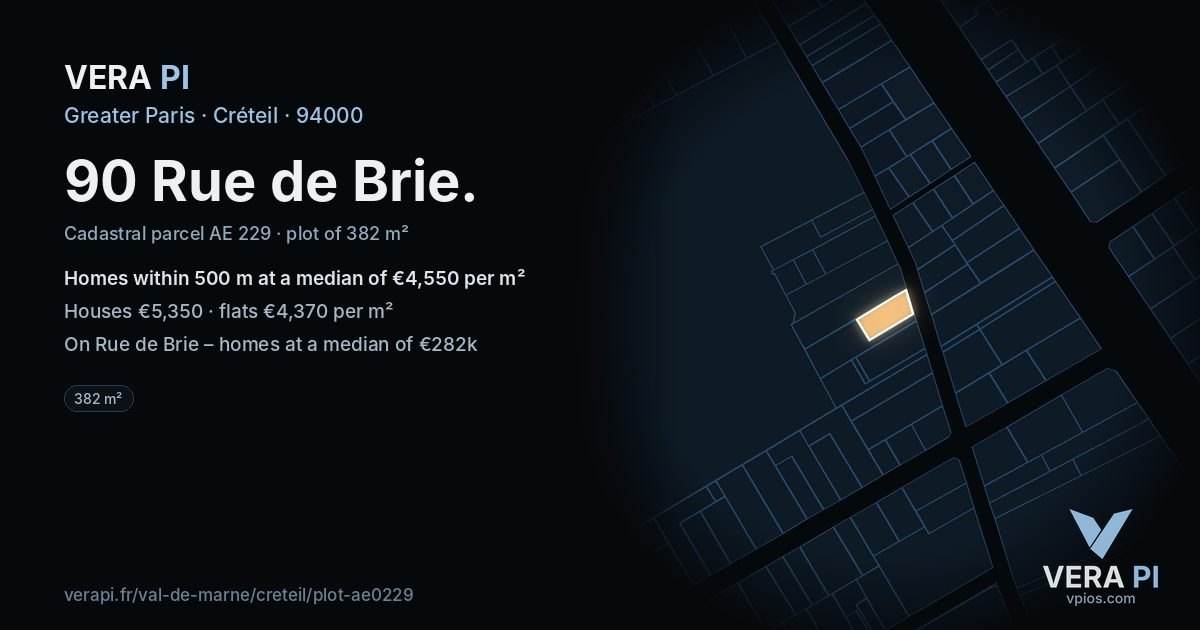 90 Rue de Brie, Créteil at night – the plot lit, the parcels around coloured by the prices near them