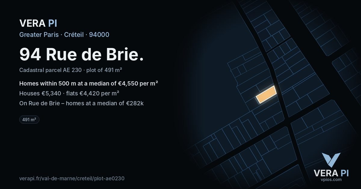 94 Rue de Brie, Créteil at night – the plot lit, the parcels around coloured by the prices near them