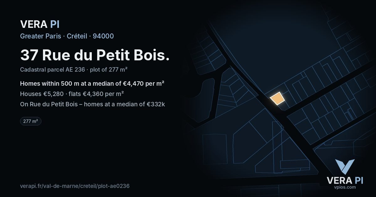 37 Rue du Petit Bois, Créteil at night – the plot lit, the parcels around coloured by the prices near them