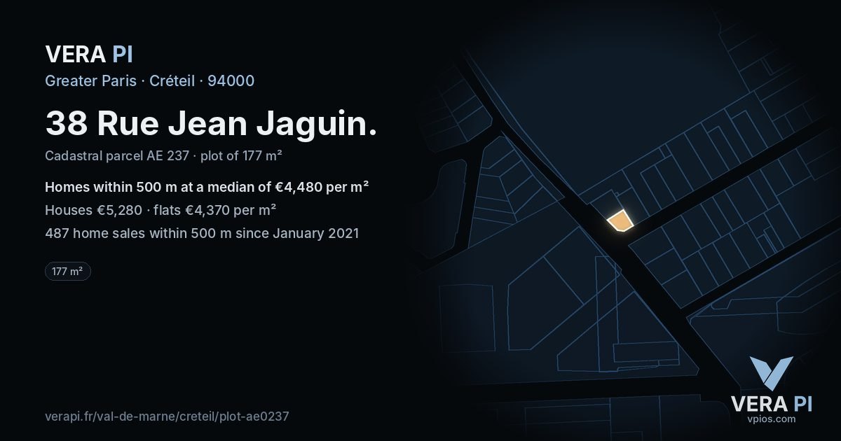 38 Rue Jean Jaguin, Créteil at night – the plot lit, the parcels around coloured by the prices near them