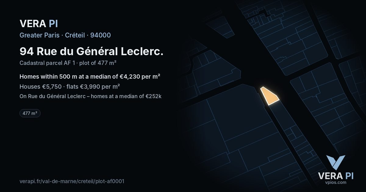 94 Rue du Général Leclerc, Créteil at night – the plot lit, the parcels around coloured by the prices near them