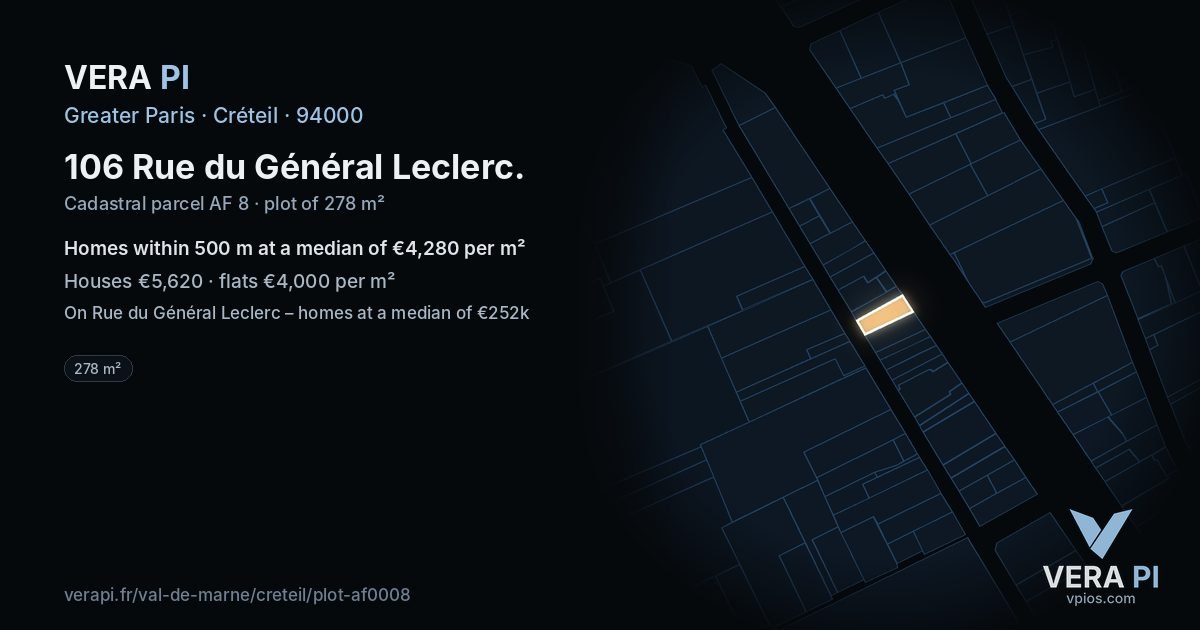 106 Rue du Général Leclerc, Créteil at night – the plot lit, the parcels around coloured by the prices near them