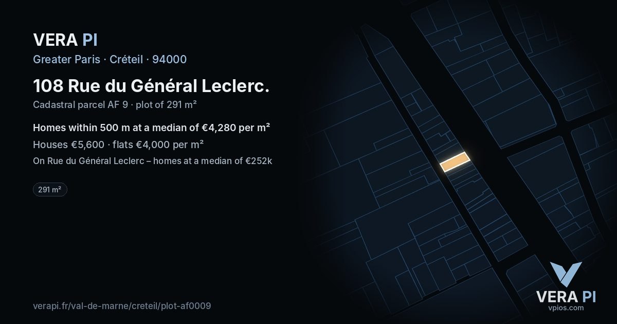 108 Rue du Général Leclerc, Créteil at night – the plot lit, the parcels around coloured by the prices near them