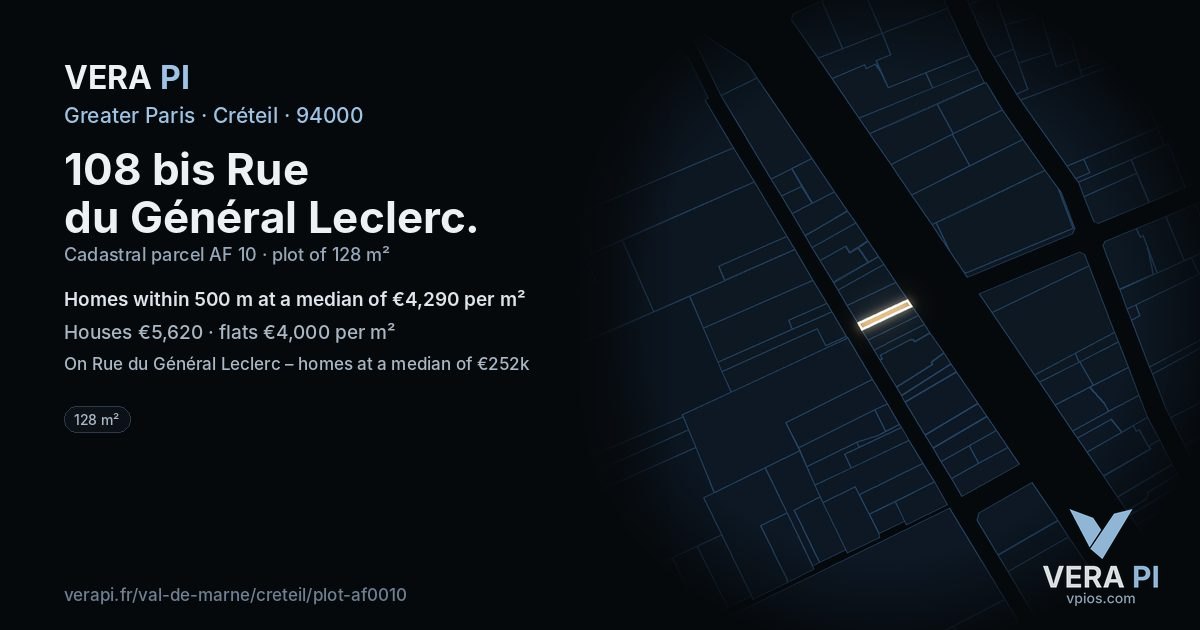 108 bis Rue du Général Leclerc, Créteil at night – the plot lit, the parcels around coloured by the prices near them