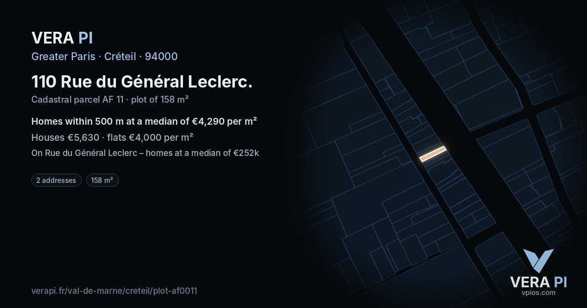 110 Rue du Général Leclerc, Créteil at night – the plot lit, the parcels around coloured by the prices near them