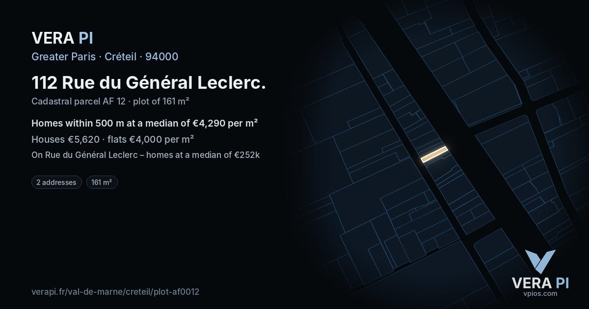 112 Rue du Général Leclerc, Créteil at night – the plot lit, the parcels around coloured by the prices near them