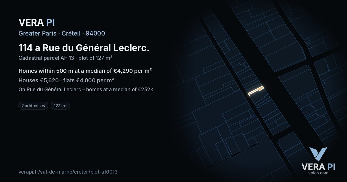 114 a Rue du Général Leclerc, Créteil at night – the plot lit, the parcels around coloured by the prices near them