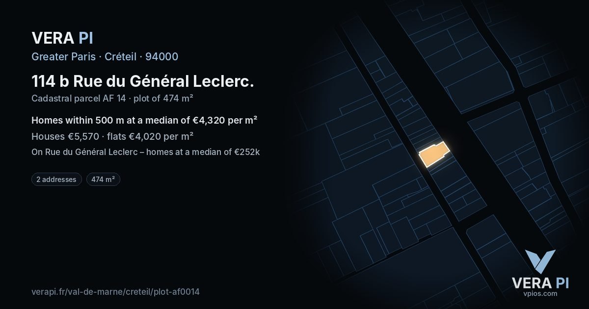 114 b Rue du Général Leclerc, Créteil at night – the plot lit, the parcels around coloured by the prices near them