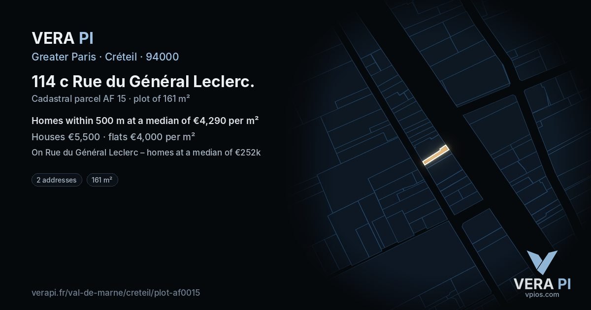 114 c Rue du Général Leclerc, Créteil at night – the plot lit, the parcels around coloured by the prices near them