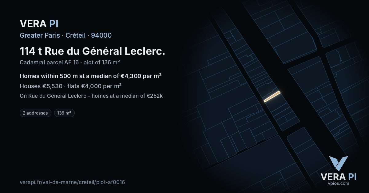114 t Rue du Général Leclerc, Créteil at night – the plot lit, the parcels around coloured by the prices near them