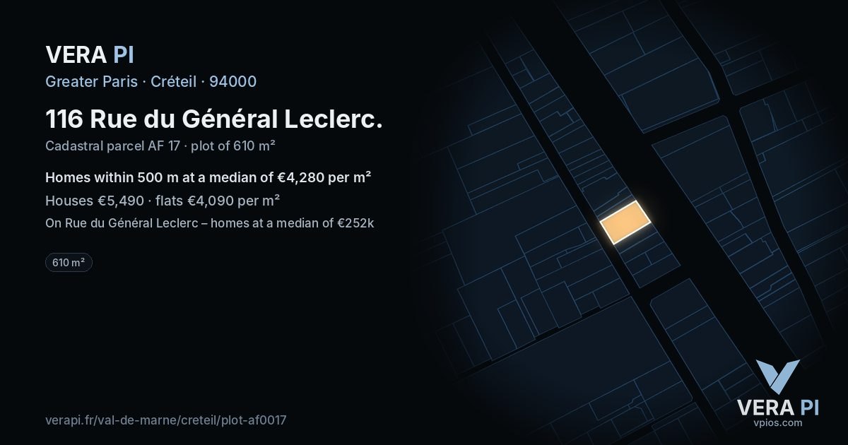 116 Rue du Général Leclerc, Créteil at night – the plot lit, the parcels around coloured by the prices near them