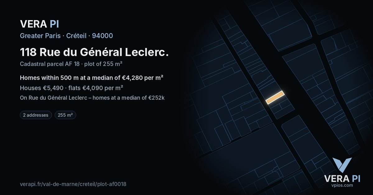 118 Rue du Général Leclerc, Créteil at night – the plot lit, the parcels around coloured by the prices near them