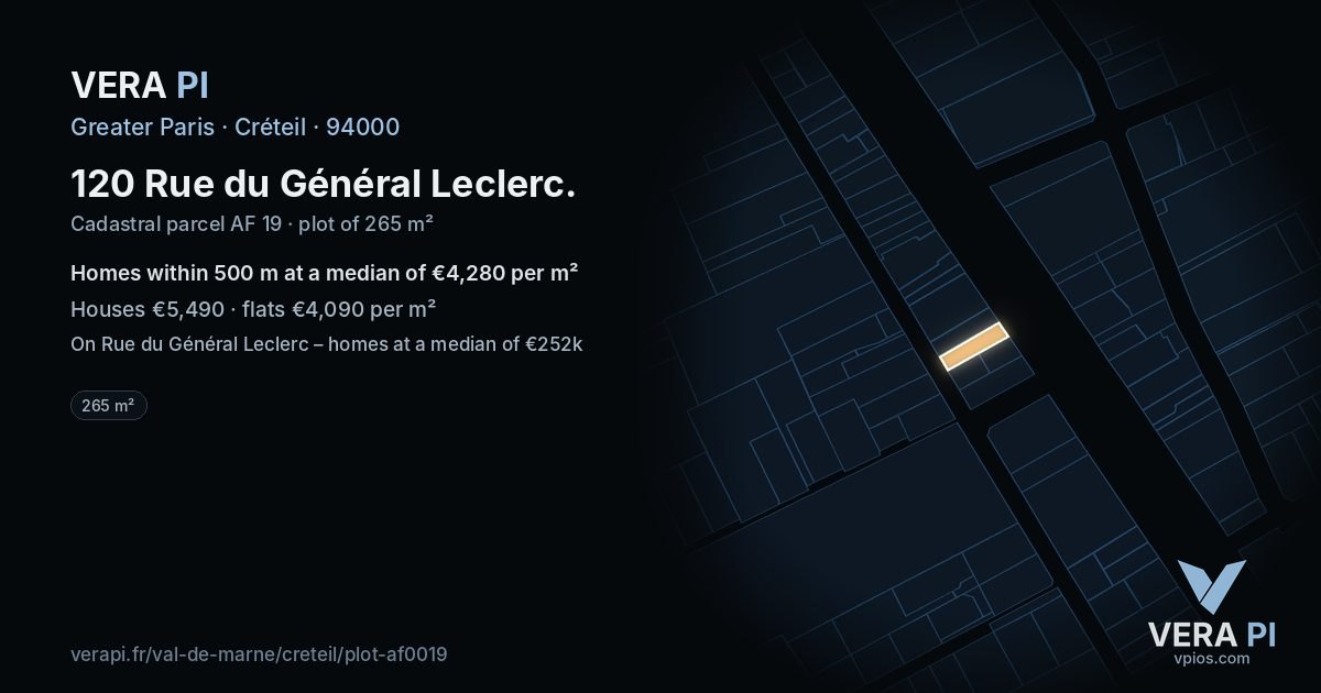 120 Rue du Général Leclerc, Créteil at night – the plot lit, the parcels around coloured by the prices near them