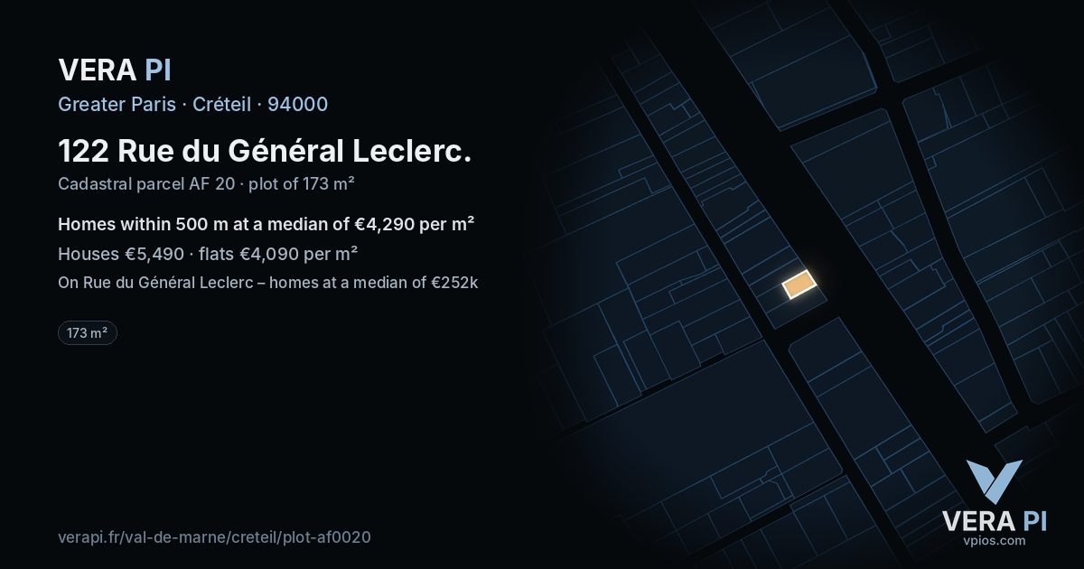 122 Rue du Général Leclerc, Créteil at night – the plot lit, the parcels around coloured by the prices near them