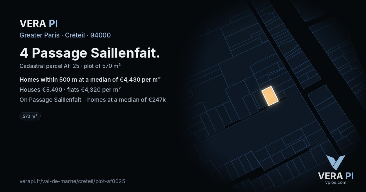 4 Passage Saillenfait, Créteil at night – the plot lit, the parcels around coloured by the prices near them