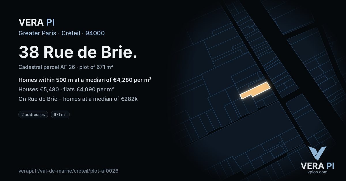38 Rue de Brie, Créteil at night – the plot lit, the parcels around coloured by the prices near them