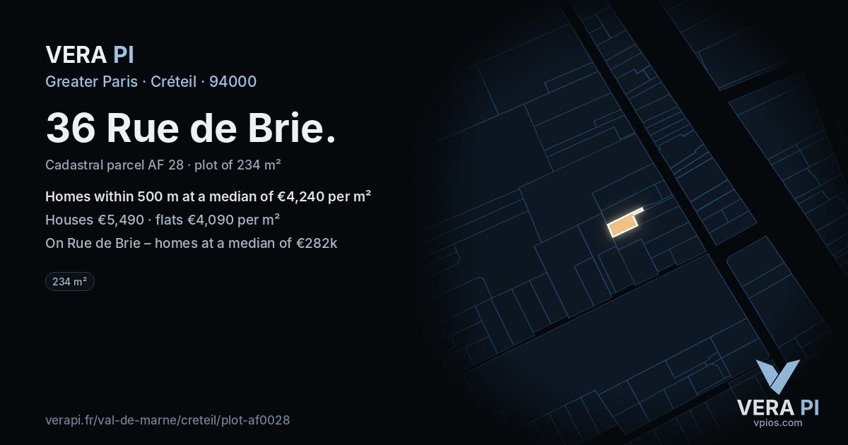 36 Rue de Brie, Créteil at night – the plot lit, the parcels around coloured by the prices near them