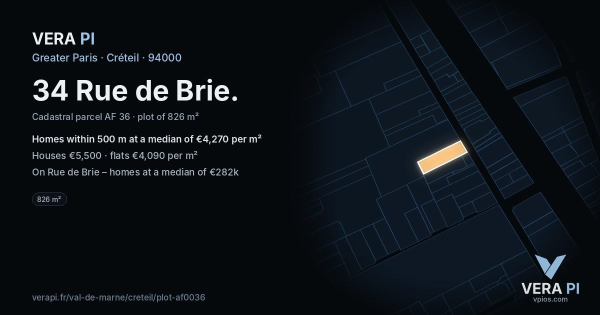 34 Rue de Brie, Créteil at night – the plot lit, the parcels around coloured by the prices near them